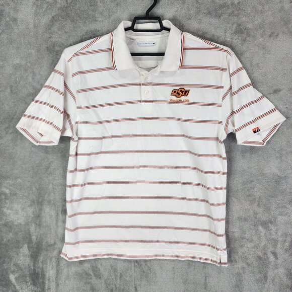 Mens White & Orange Stripes Cutter & Buck Polo Shirt Oklahoma State Size L - Picture 2 of 9